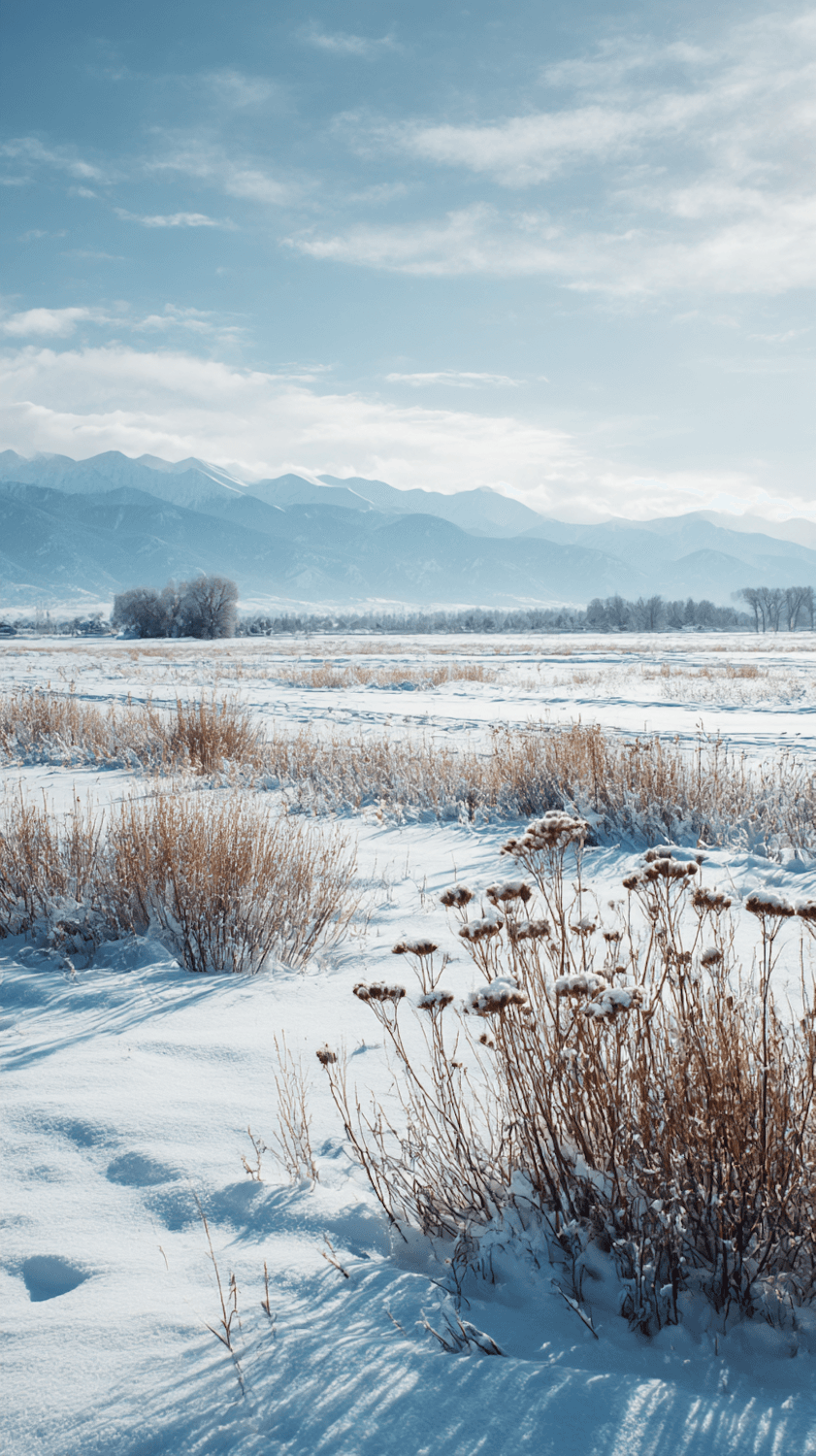 A snowy field with golden plants and low hills beyond
