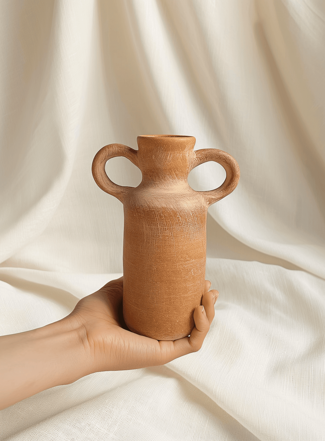 A hand holding a rustic terracotta vase against a soft backdrop