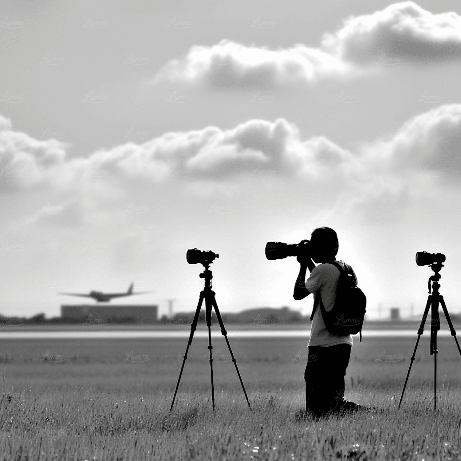 Camera operators silhouetted behind tripods in an open field under a heavy sky