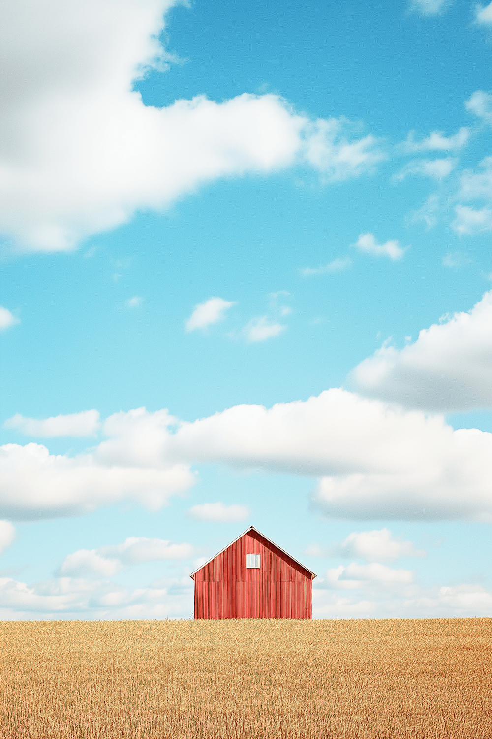 A red barn standing in a golden wheat field under an open sky