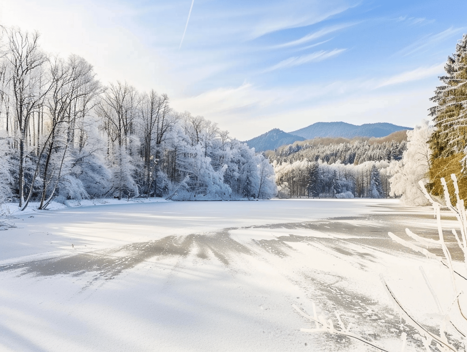 A frozen lake with snow dusted trees under a clear sky