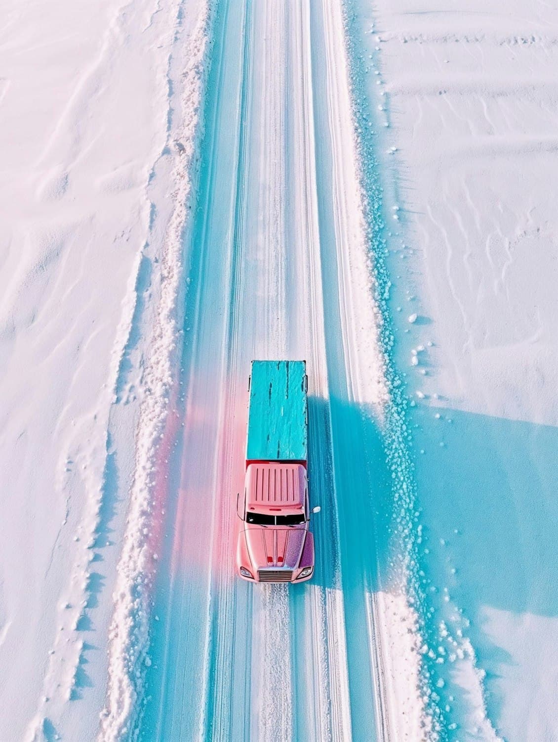 A truck on a snow covered road cutting through a winter landscape