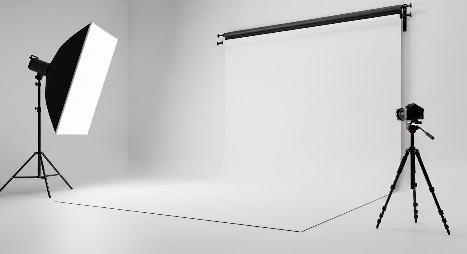 A portable interview setup with a backdrop, softbox lighting and a camera on a tripod