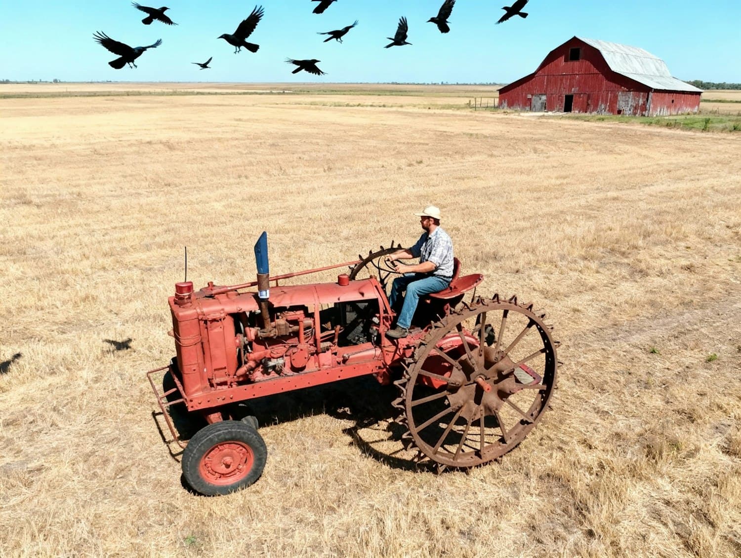 A farmer on a red tractor working a golden field with a barn behind