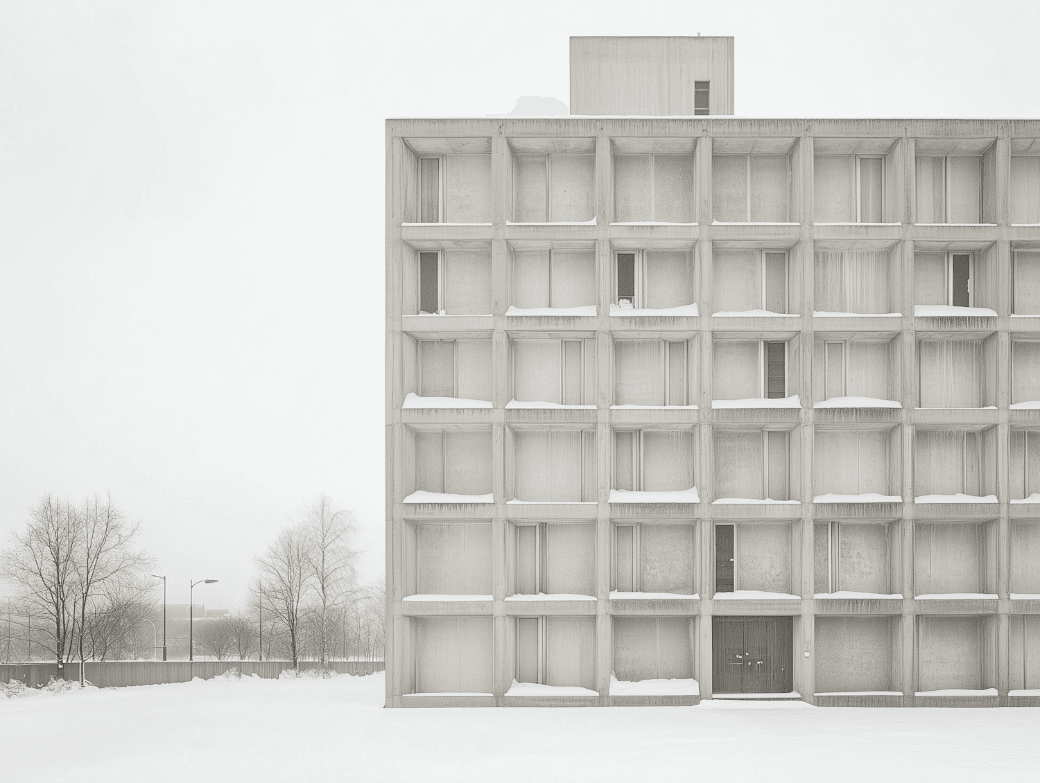 A pale building with grid windows standing in a snowy landscape