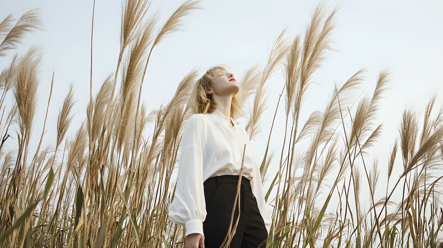 A person standing in tall golden grasses under a clear sky