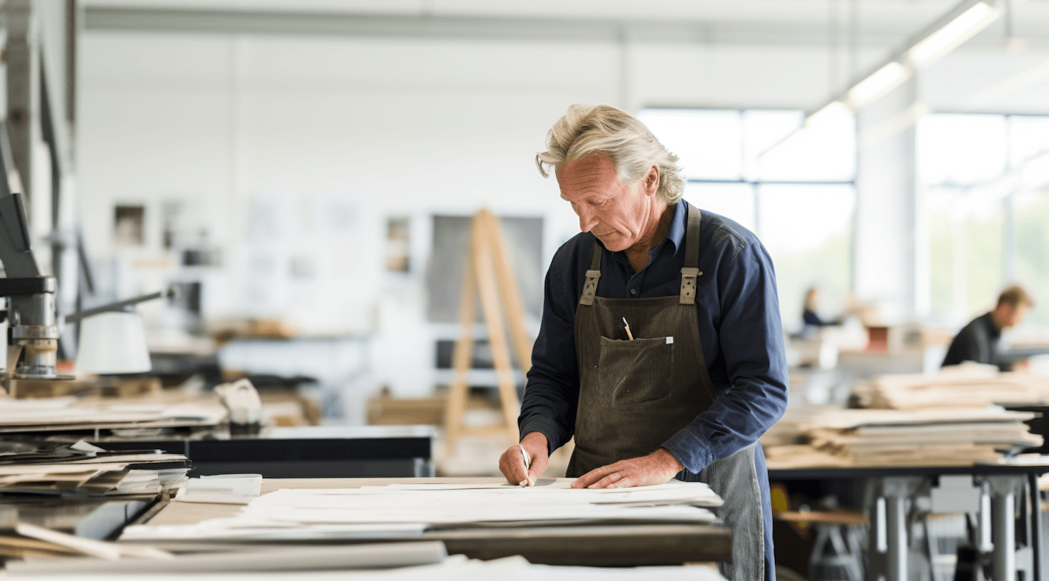 A man working at a bench in a bright workshop